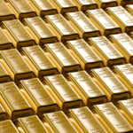 3D Three Dimensional Illustration of Rows of Shiny Fine Gold Bars 999.9 Stacked in Vault Reserve
